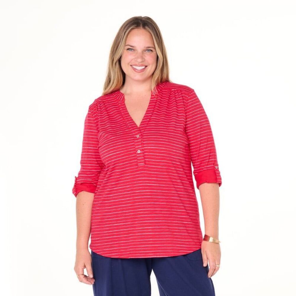 Fresh Produce Ocean Stripe Buttonside 3/4 sleeve Henley 3X 100% Cotton #700